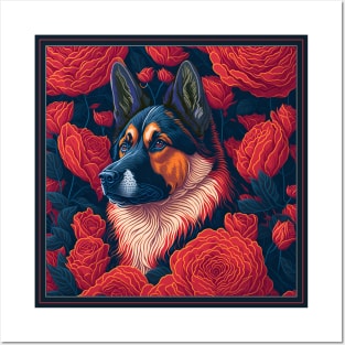 Dogs, shepherd dog and flowers, dog, seamless print, style vector (Black & red version shepherd dog) Posters and Art